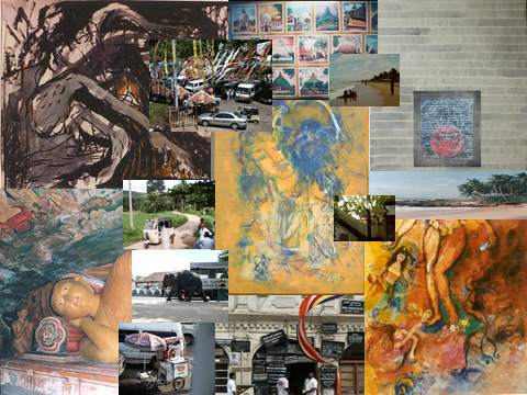Collage with artworks from Jagath Weerasinghe (upper left), Druvinka Madawela (upper right), Koralegadara Pushpakumara (center), Anoli Perera (bottom right) combined with photographs of daily scenes taken by Sabine Grosser in Sri Lanka (1997 – 2002). The collage technique connects to the complex visual culture in the country and to the multi-perspective approach developed in the book speaking about contemporary art from another country.