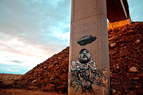 Fig. 8. Jetsonorama, Image created in 2011 for 350.org. Photographed here by the artist on a coal train abutment near Cow Springs, Arizona. Photo courtesy the artist.